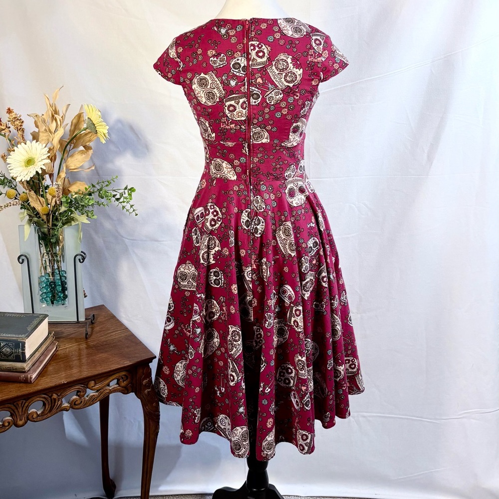 Hell Bunny Sasha Red Sugar Skull Fit Flare Rockabilly Dress XS🧡 - Picture 6 of 12